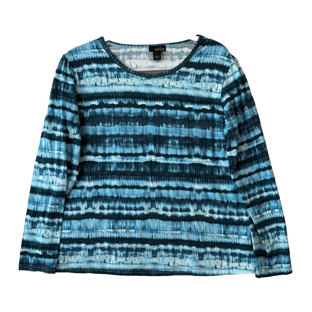Erika Blue Tie Dyed‎ Long Sleeve Cotton Stretch T Shirt Women's L Boho Coastal